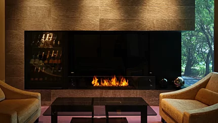 EcoSmart Fire XL1200 Ethanol Burner adds modern indoor heating to a commercial restaurant space in Japan.